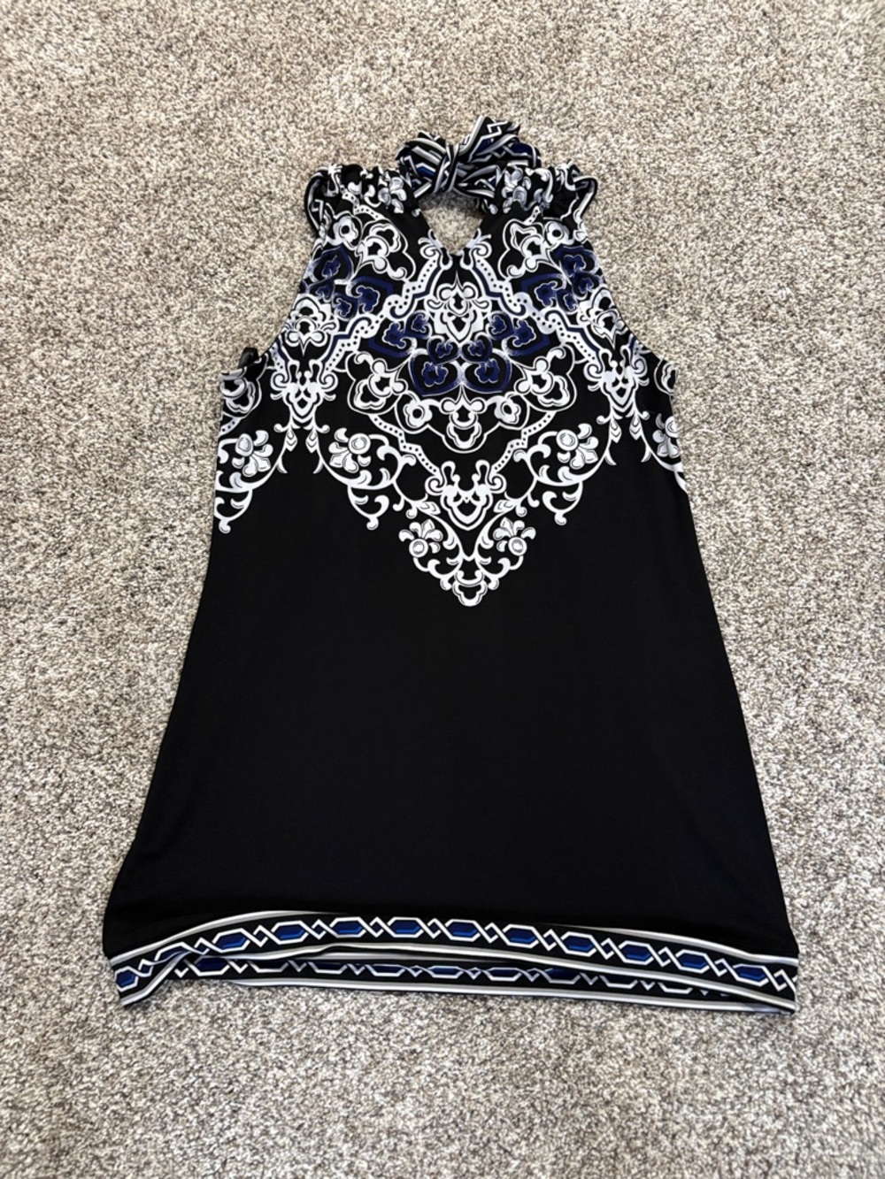 WHBM Black Halter Tunic with White and Navy Scroll Print. Size Small